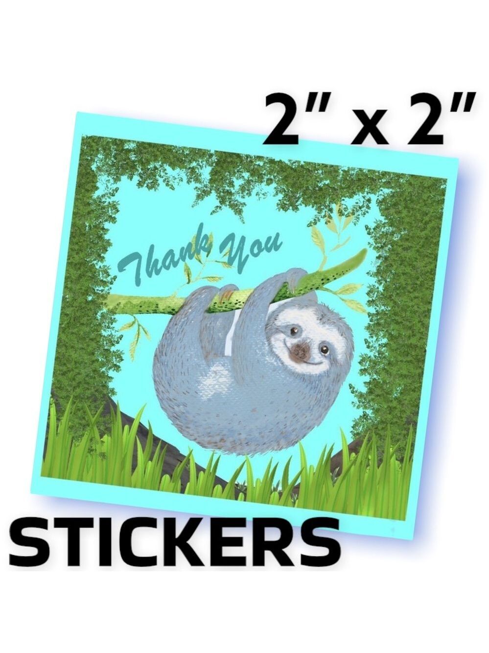 200 (2x2 Inch) Square Stickers, Sloth High Gloss, Thank You